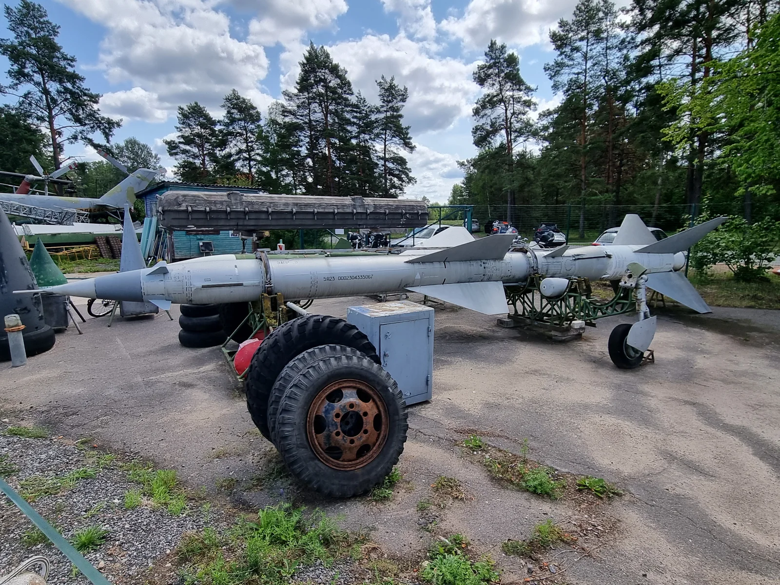 An SA-2 missile on a wheeled transport trailer at Riga Aviation Museum.